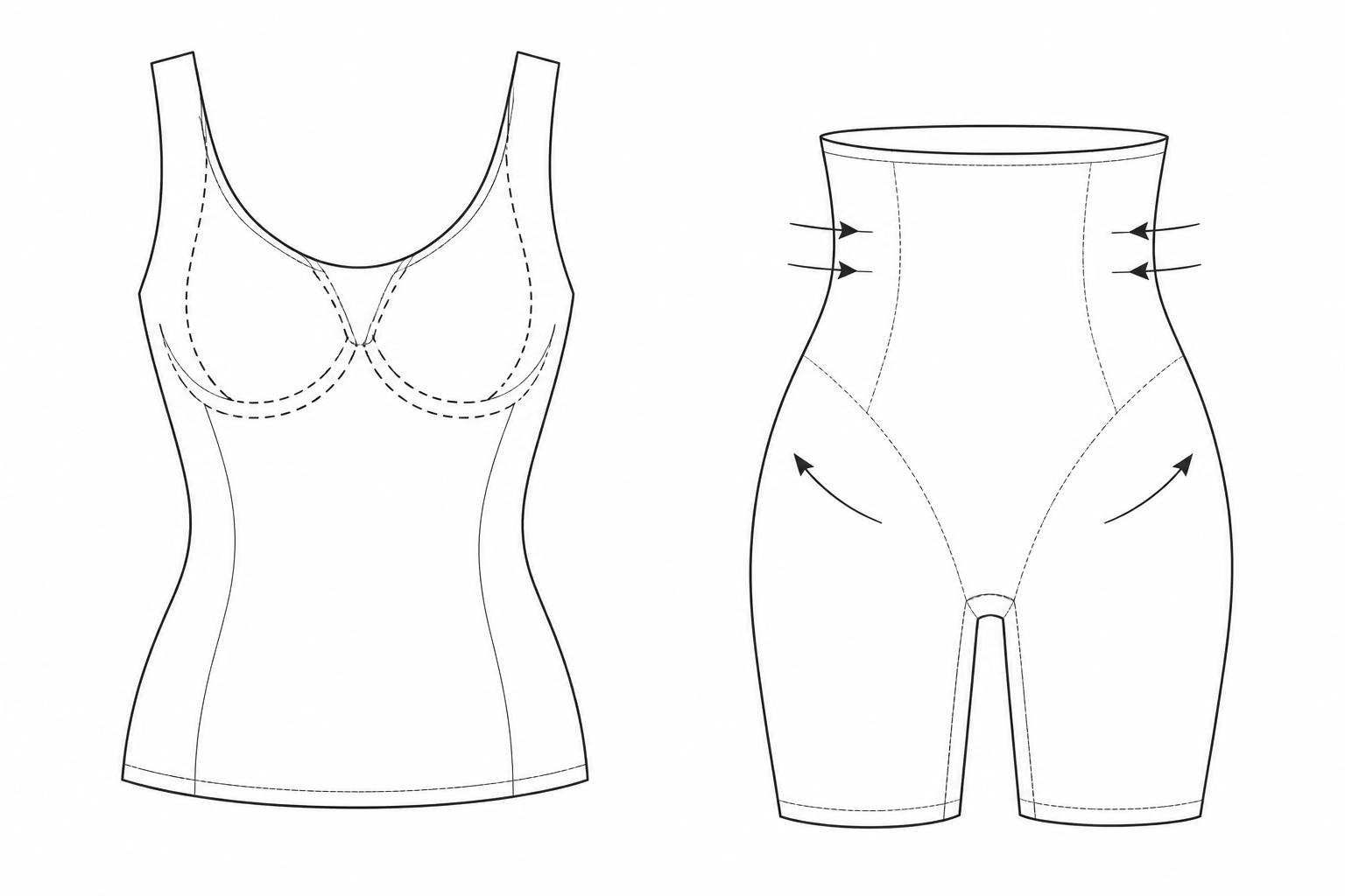 Technical illustration of the inner sculpting cami and high-waist shaping short bonded inside every Sleek & Sheek shapewear dress