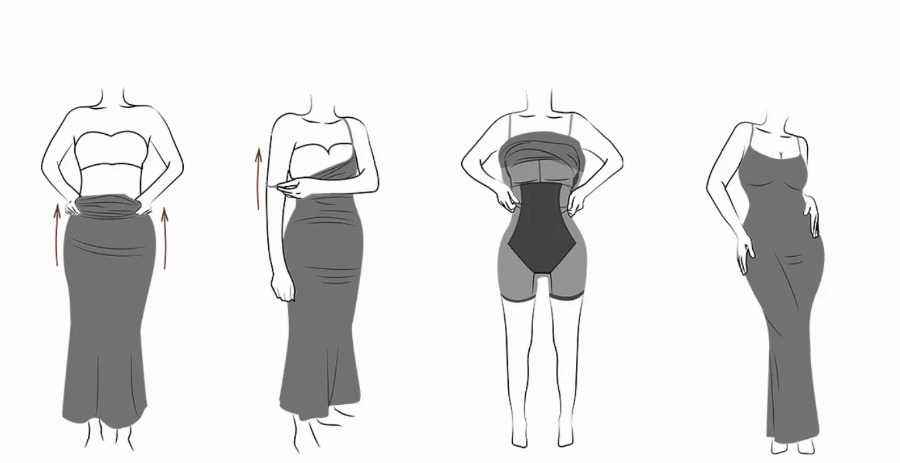 Putting on a Sleek & Sheek shapewear maxi dress in four steps
