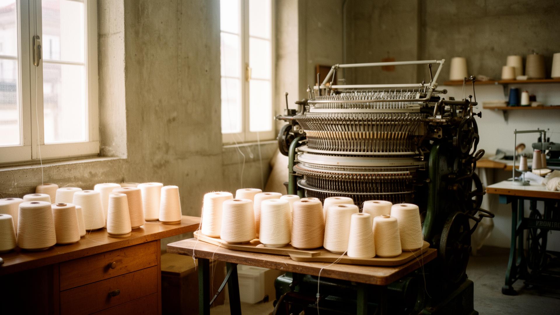 The Porto knitting atelier — cones of JellySoft yarn beside a 1960s circular knitting machine